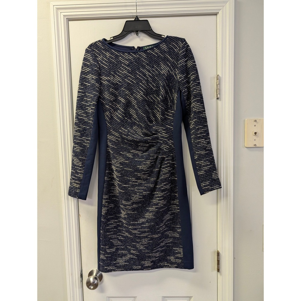 Lauren Ralph Lauren Navy Textured Ruched Sheath Dress Size 8 Office Preppy